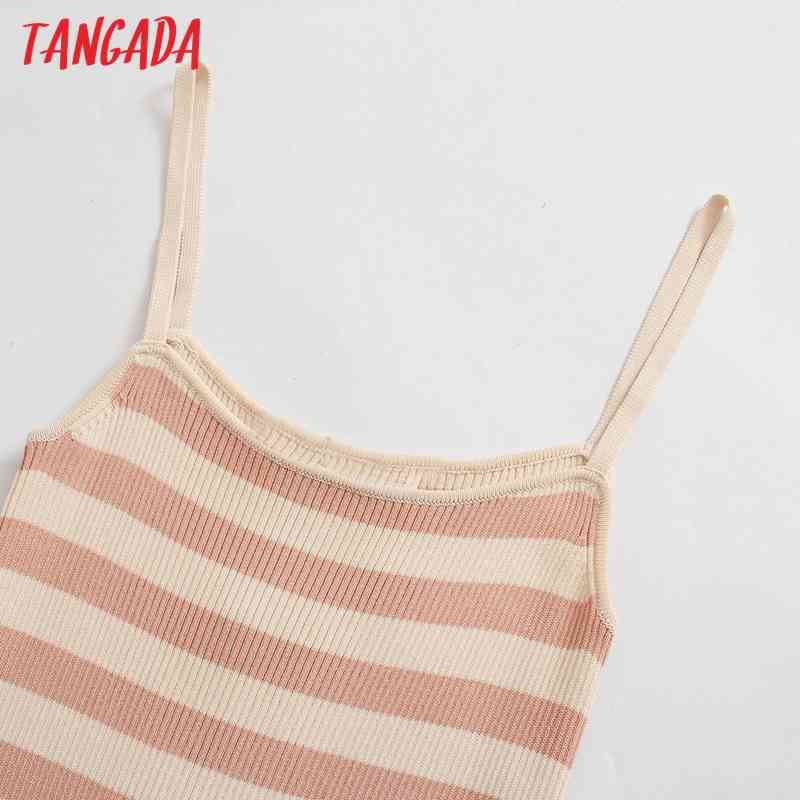 Women Chic Fashion Striped Slim Knitted Midi Dress Vintage Straps Female Dresses Vestidos BE324 210416