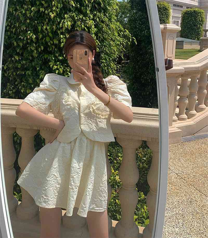 French Elegant 2 Piece Sets Fashion Sweet Peter Pan Collar Puff Sleeve Shirt Top + High Waist Mini Skirts Women Set Femme 210519