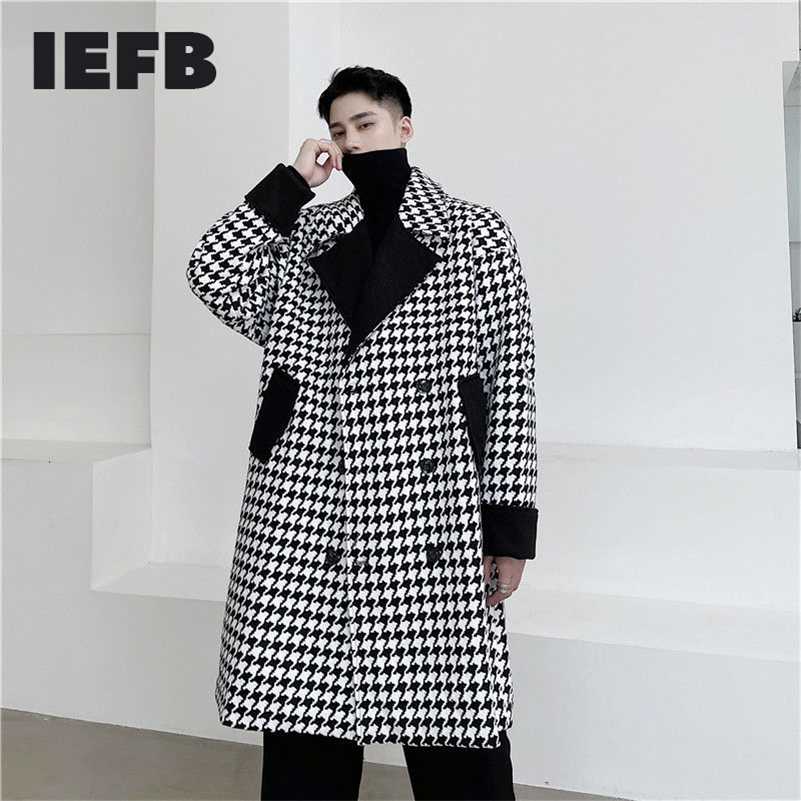 IEFB /men's wear autumn winter Plaid color patchwork loose big size mid length woolen coat for male double breasted long coat 211122