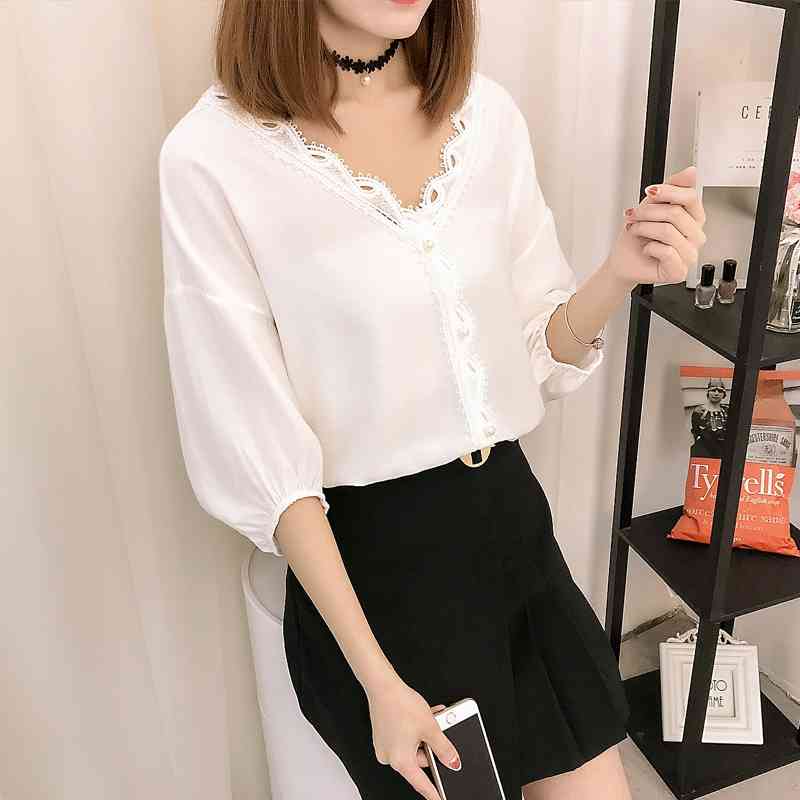 summer women fashion clothing tops lace solid sweet style v-neck casual blouses shirts 0340 40 210506