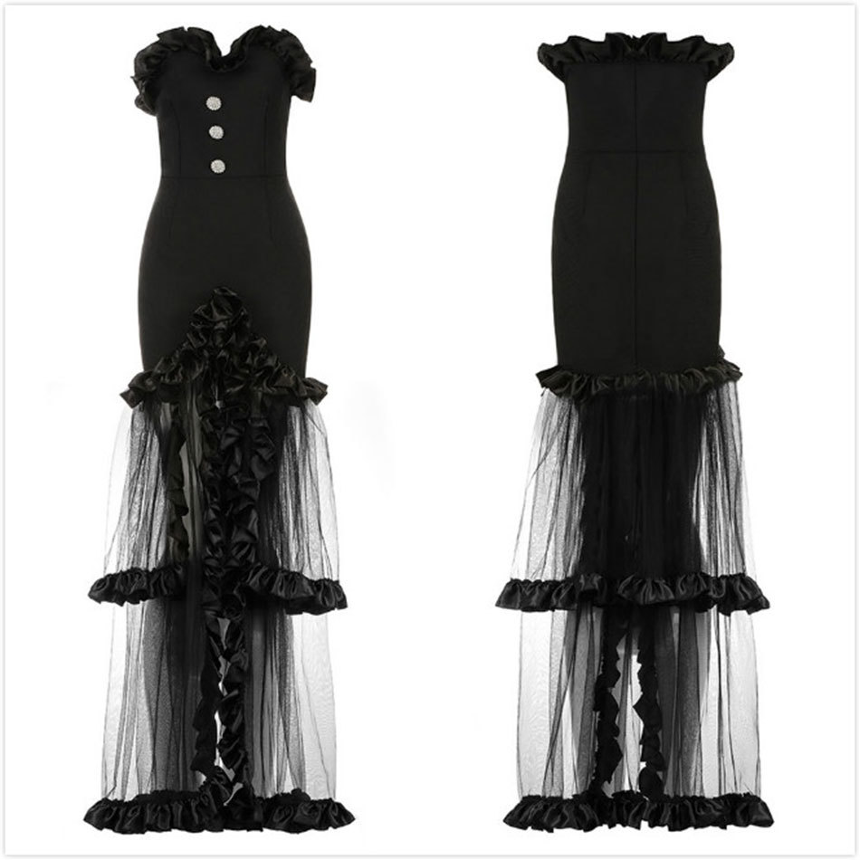 Free Women's Celebrity Club Runway Party Dress Vestidos Strapless Sleeveless Mesh Ruffled Bandage Midi Dresses 210524