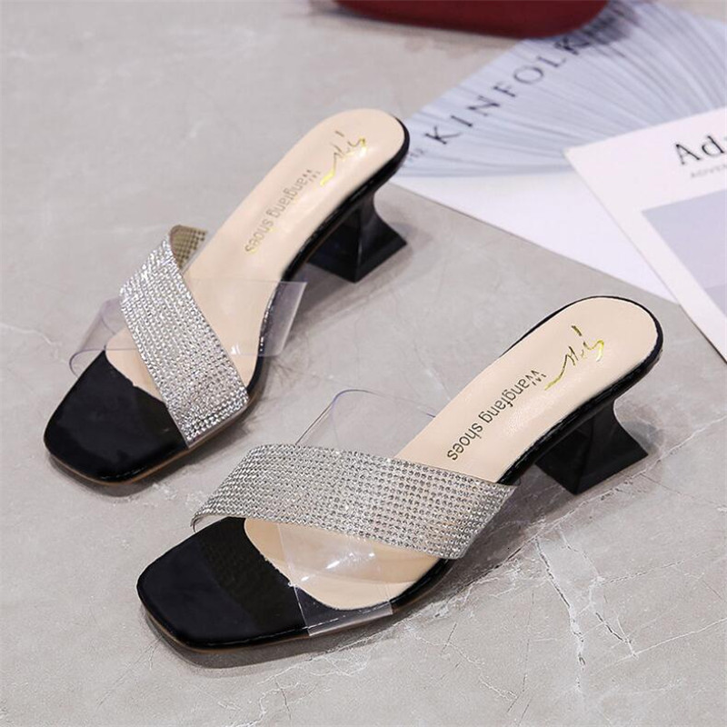 Sandals Cross-tied crystal PVC Transparent High heel slippers thick high heels woman pin High-heeled sandals zapatos mujer TXOX, Black
Sandals Cross-tied crystal PVC Transparent High heel slippers thick high heels woman pin High-heeled sandals zapatos mujer TXOX, Black