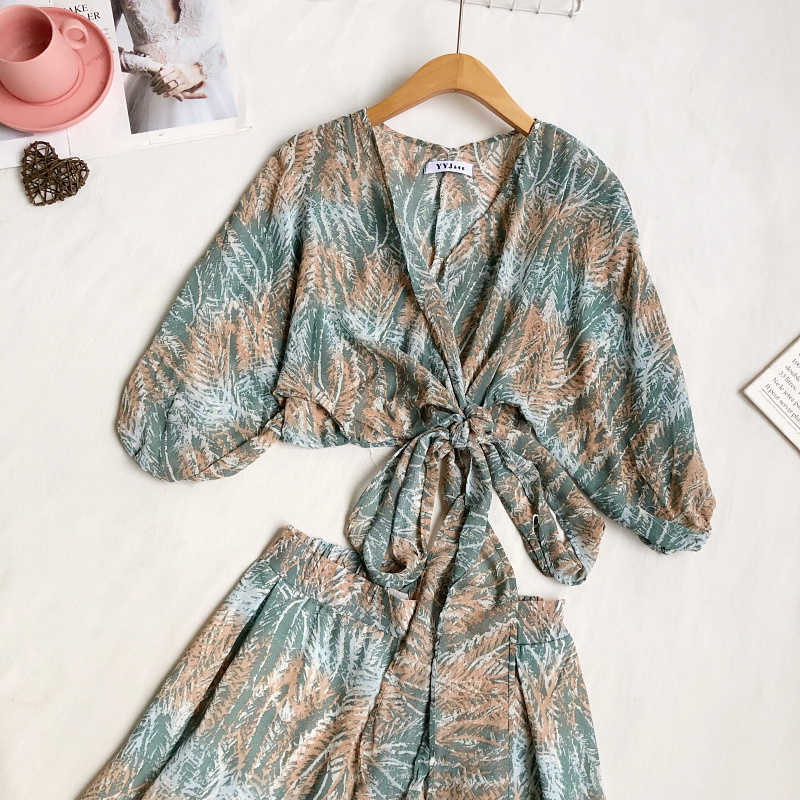 LY VAREY LIN Summer Women Bohemian Vintage Two Piece Set V-neck Lace-up Chiffon Shirt+High Waist Wide Leg Shorts Suit 210526