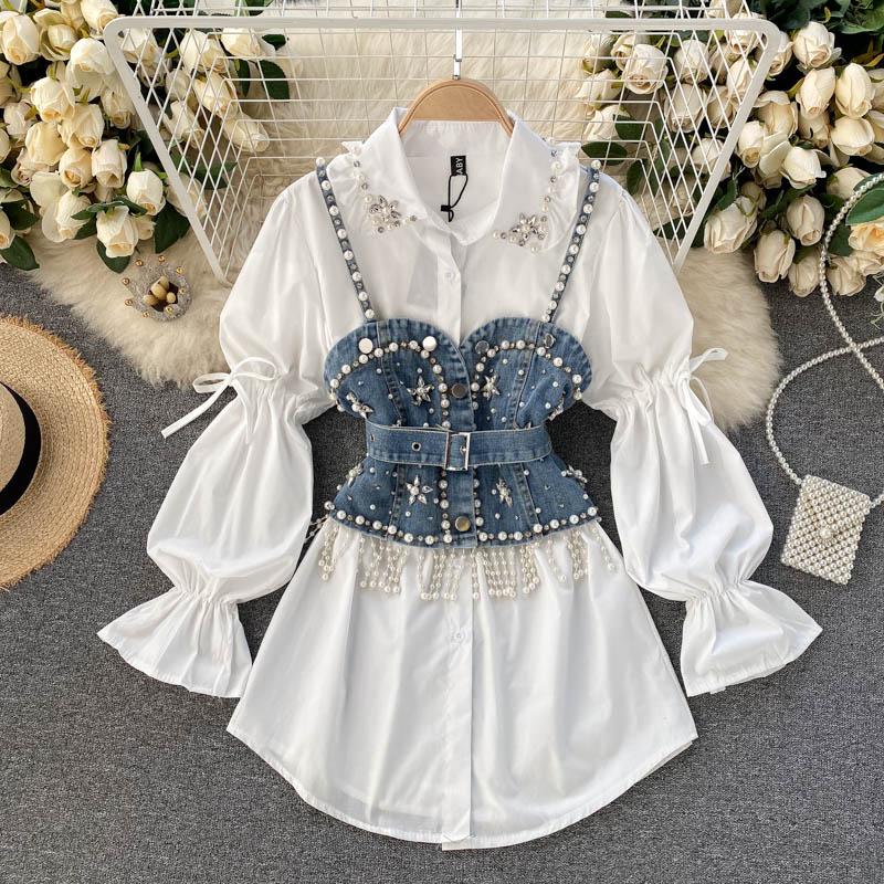 Work Dresses Chic Women Suits Fashion Diamond-studded Beaded Long Sleeve White Elegant Shirt Blouse + Tassel Pearl Denim Vest Two Piece Set, Black
Work Dresses Chic Women Suits Fashion Diamond-studded Beaded Long Sleeve White Elegant Shirt Blouse + Tassel Pearl Denim Vest Two Piece Set, Black