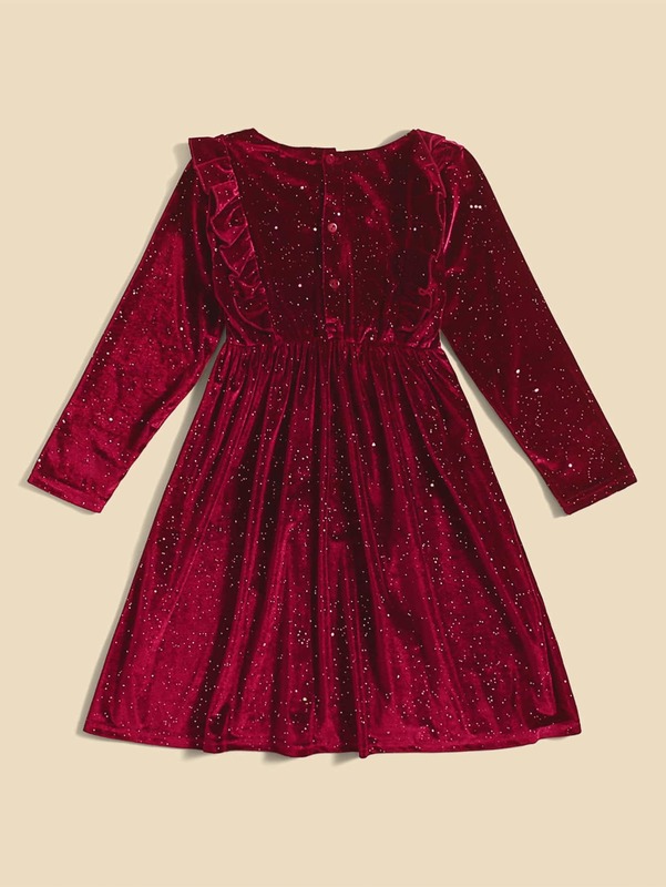 Girls 1pc Sequin Insert Star Pattern Ruffle Trim Velvet Dress SHE