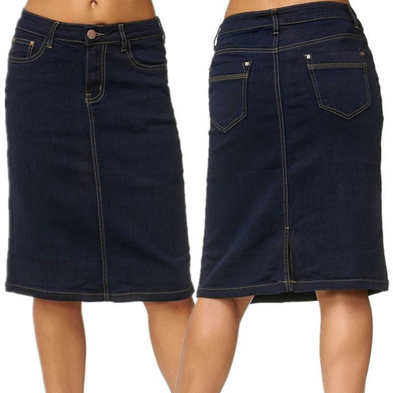 Denim Skirt Women Fashion Casaul Stretch Knee Length Washed Blue Skirts Plus Size Pockets Pure Color Office Female 210621
