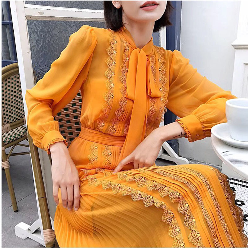 Autumn Women Chiffon Lace Stitching Orange Dress Elegant Slim Casual With Pleated Party Evening Max 210421