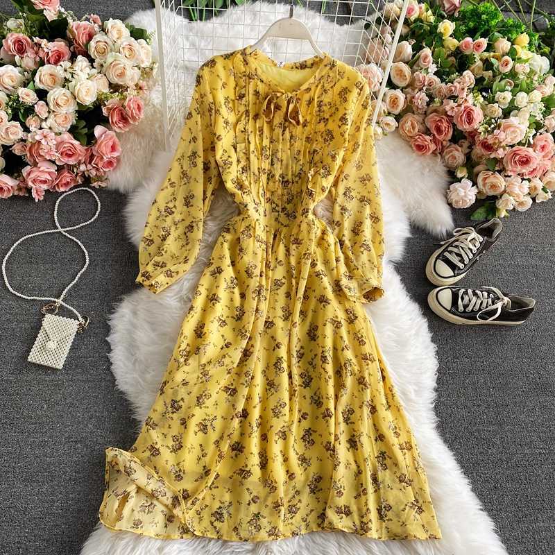Spring and Autumn Fashion Bow Tie Chiffon Floral Print Dress Women High Waist Thin Long Sleeve Elegant Vestidos Q394 210527