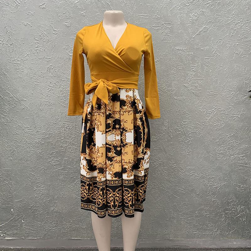 Women V Neck Long Sleeve Dress Patchwork Printed Office Ladies Elegant Classy Modest Work Wear African Fashion Spring Robes Casual Dresses