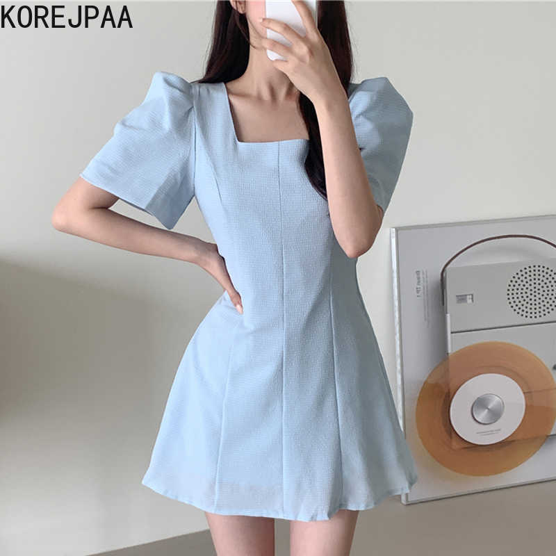 Korejpaa Women Dress Summer Korean Fashion Chic Temperament Gentle Elegant Square Collar Slim Bubble Sleeve A Short Dresses 210526, Blue
Korejpaa Women Dress Summer Korean Fashion Chic Temperament Gentle Elegant Square Collar Slim Bubble Sleeve A Short Dresses 210526, Blue