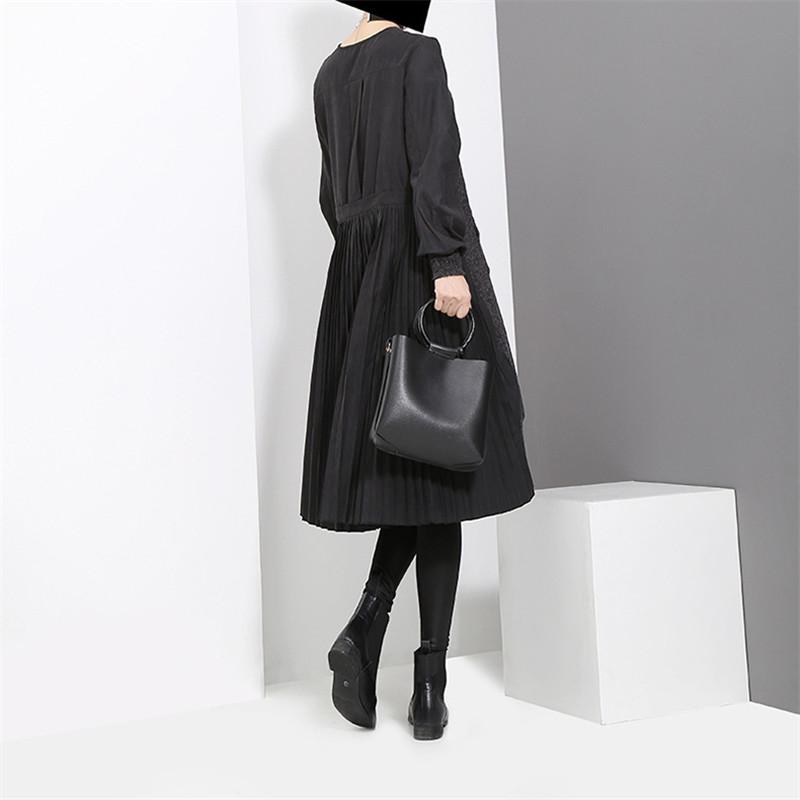 Women Autumn Winter Slim Black Pleated Dress Ladies Fashion Solid Color Plus Size Vestidos Female Brand Casual Dresses ZM765
