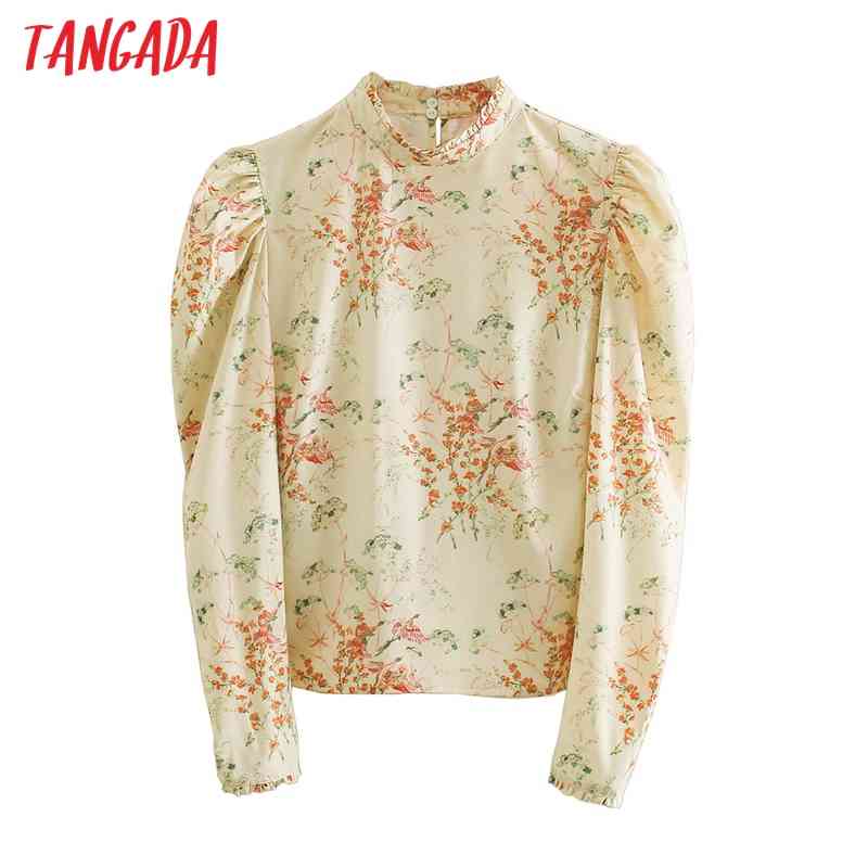 Women Retro Flowers Print Puff Long Sleeve Chic Female Short Blouse Shirt Tops CE126 210416