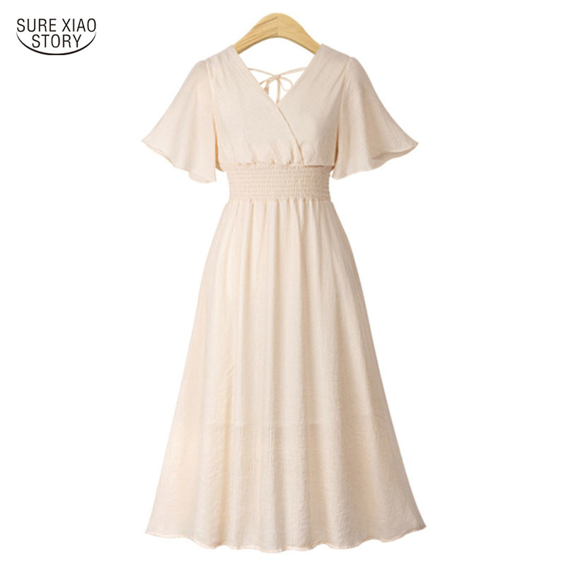 Vestidos Short Sleeve Plus Size Female Chiffon Dress Summer Backless V-Neck White Black Pink Apricot Midi 5080 50 210510