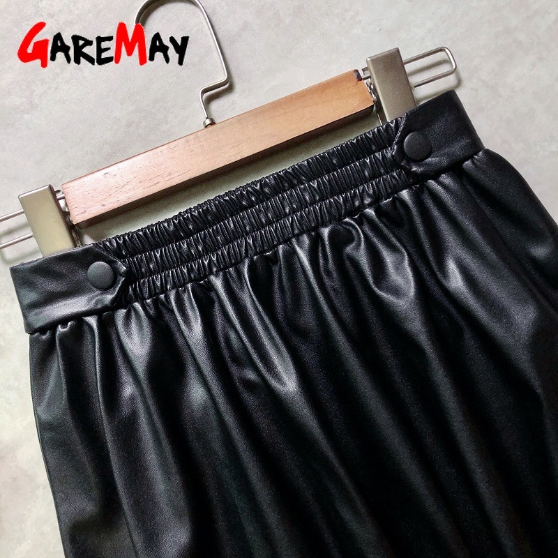 Winter women's leather skirt pleated black long s for women vintage pu faux High-waisted female 210428