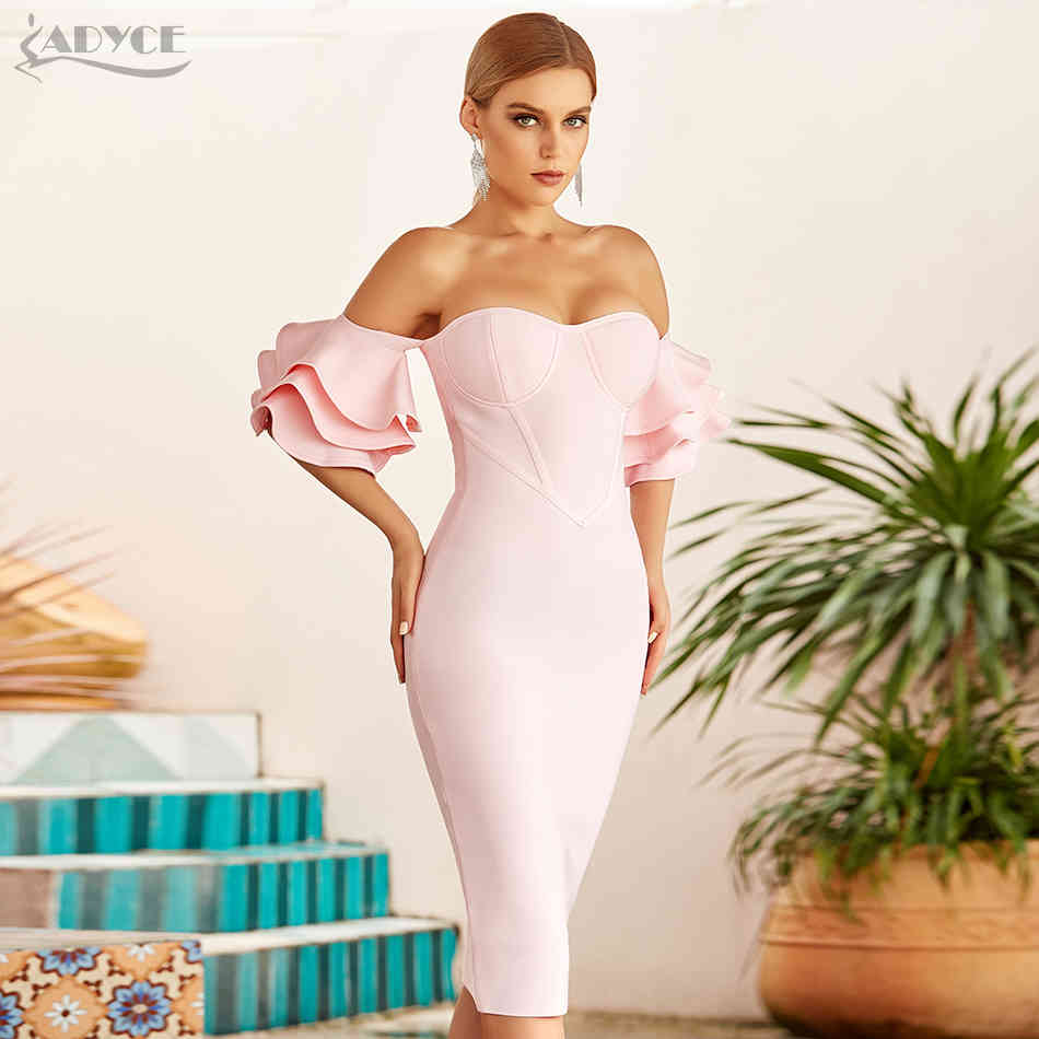Summer Women Pink Off Shoulder Bodycon Bandage Dress Sexy Butterfly Short Sleeve Celebrity Runway Party Dresses 210423