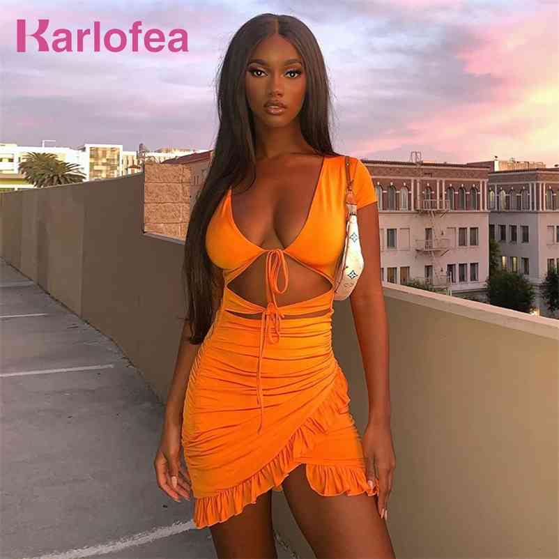 Karlofea New Summer Orange Everyday Wear Mini Dress Sexy High Cut Hollow Out Lace Up Ruched Wrap Dress Chic Ruffles Outfits 210331Z