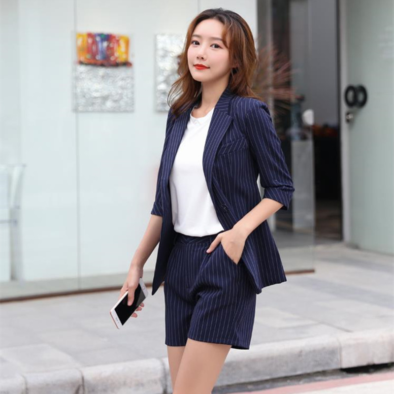 Fashion Women Blazer Suits Double Breasted Striped Shorts Pants Set Office Ladies Two-piece Sets 210421