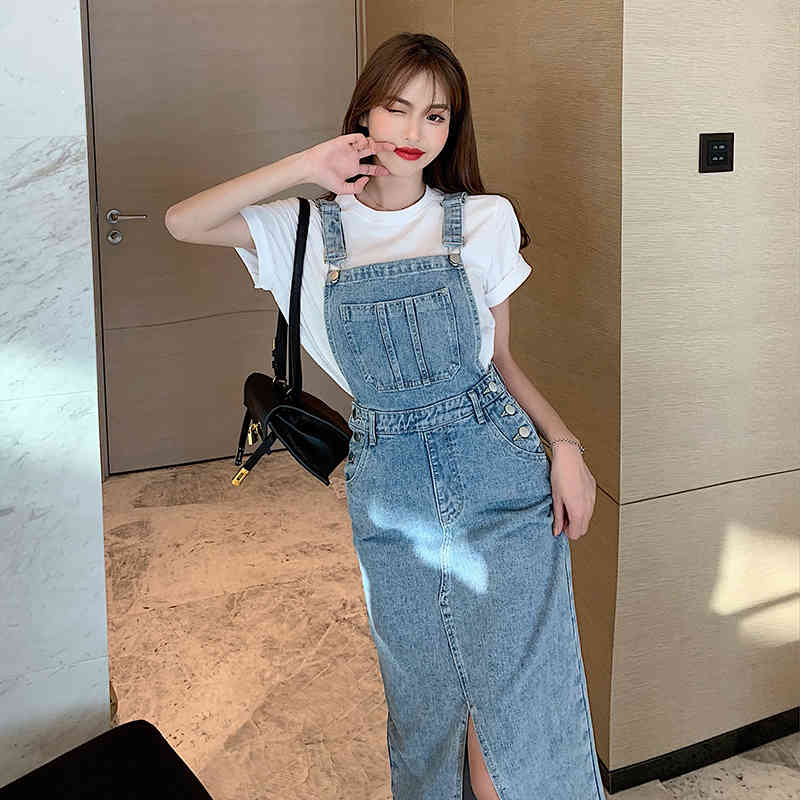 Fashion Streetweaer Vintage Button Denim Spaghetti Strap For Women Summer High Waist Split Elegant Dress 210515