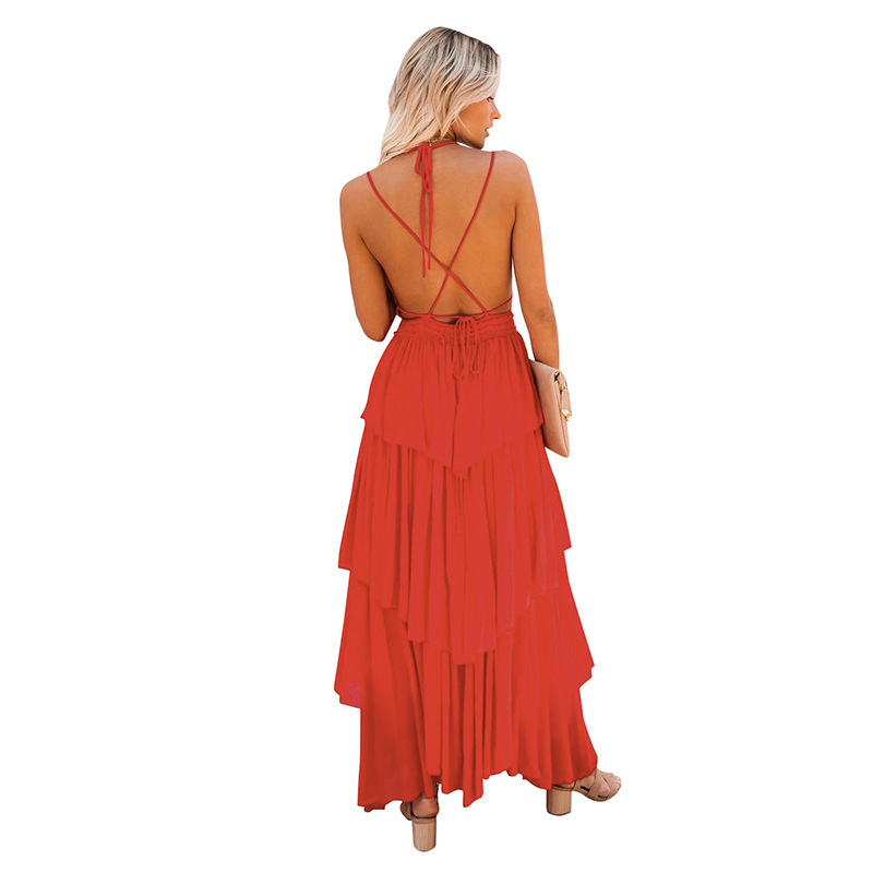 Women Dress Deep V Neck Sleeveless Backless Sexy Spaghetti Strap Temperament Ruffle Party Dresses Plus Size Maxi 210513