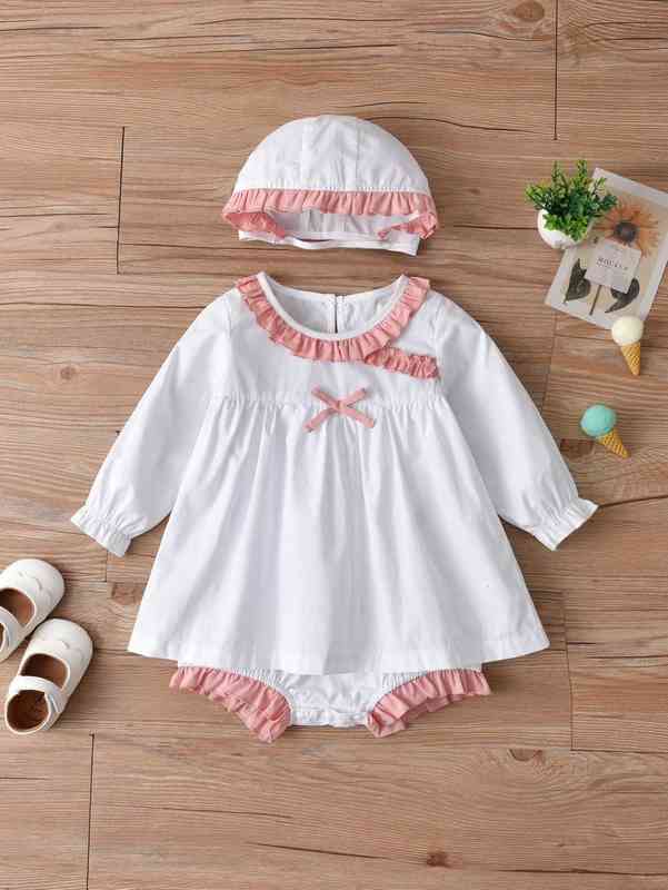 Baby Frill Trim Bow Front Combo Bodysuit Dress With Hat SHE