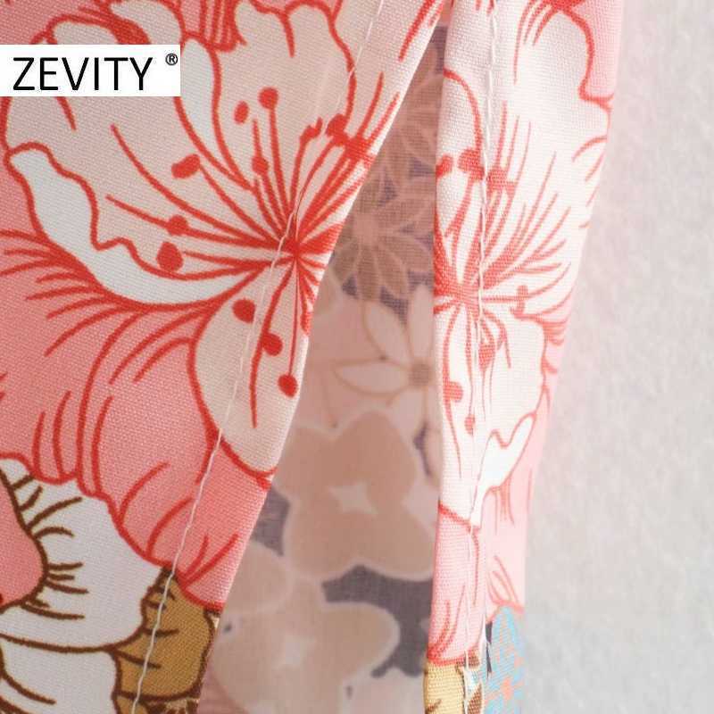 Zevity Women Sexy Deep V Neck Knotted Floral Print Casual Slim Midi Dress Female Pleats Long Sleeve Split Party Vestido DS4634 210603