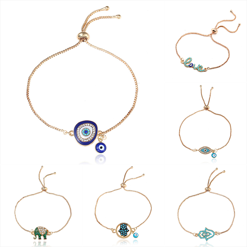 new turkey blue evil eye bracelets for women men good luck hamsa hand elephant love letter charm adjustable chains bangle fashion wjl2343, Golden;silver
new turkey blue evil eye bracelets for women men good luck hamsa hand elephant love letter charm adjustable chains bangle fashion wjl2343, Golden;silver