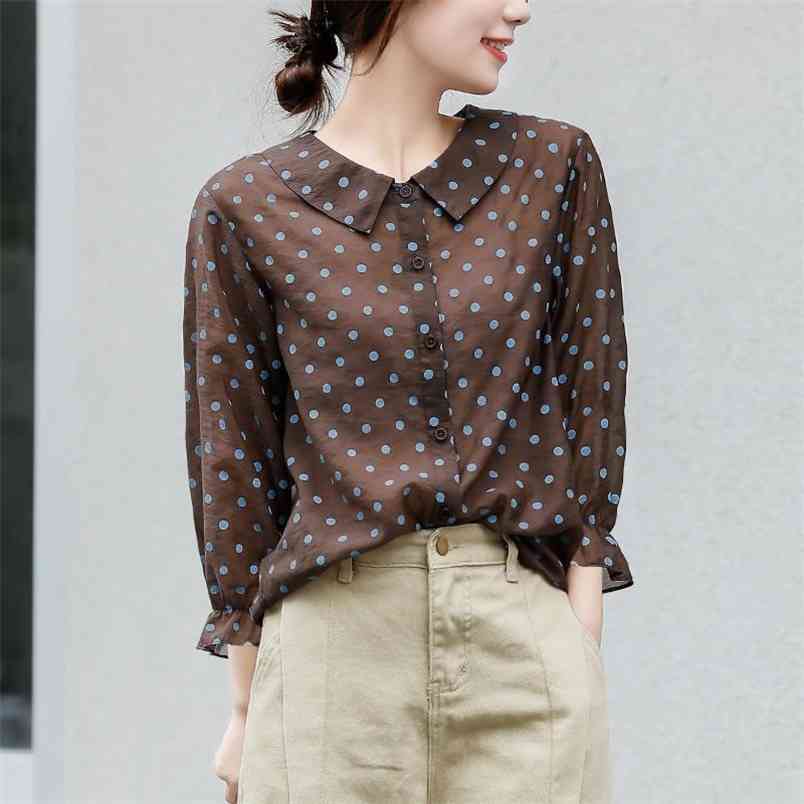 Spring Autumn Korea Fashion Women 3/4 Sleeve Polka Dot Print Loose Shirts Sweet Cute Peter Pan Collar Blouses Tops V56 210512
