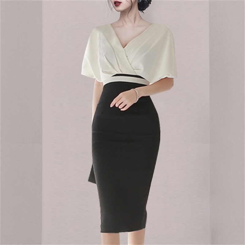 Women Office OL Slim Bodycon Short Sleeve Pencil Work Dresses Vestidos Ladies High Waist Hit Color Party Dress Female 210519