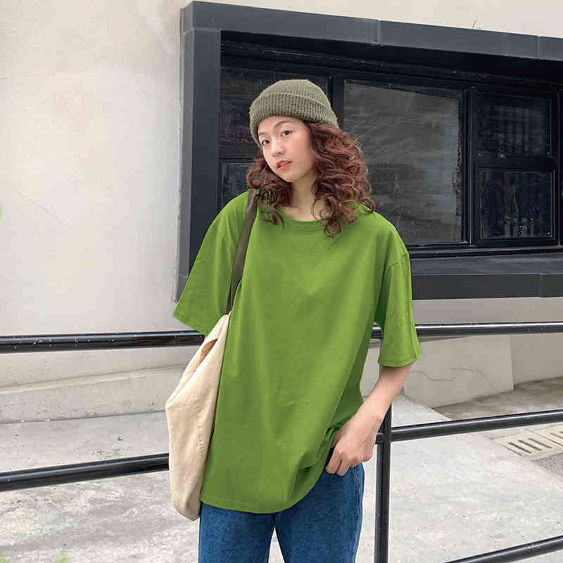 Spring Summer Women Candy T-Shirt Oversize Boyfriend Style Tops Perfect Basic Tees Render Unlined Upper Garment 210406