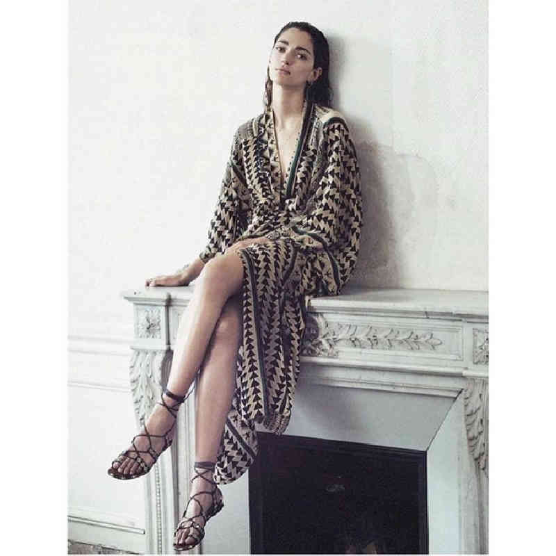 Multicolored Bikini Cover-ups Sexy V-neck Long Sleeve Boho Summer Beach Dress Plus Size Beachwear Swimsuit Cover Up Q1086 210420