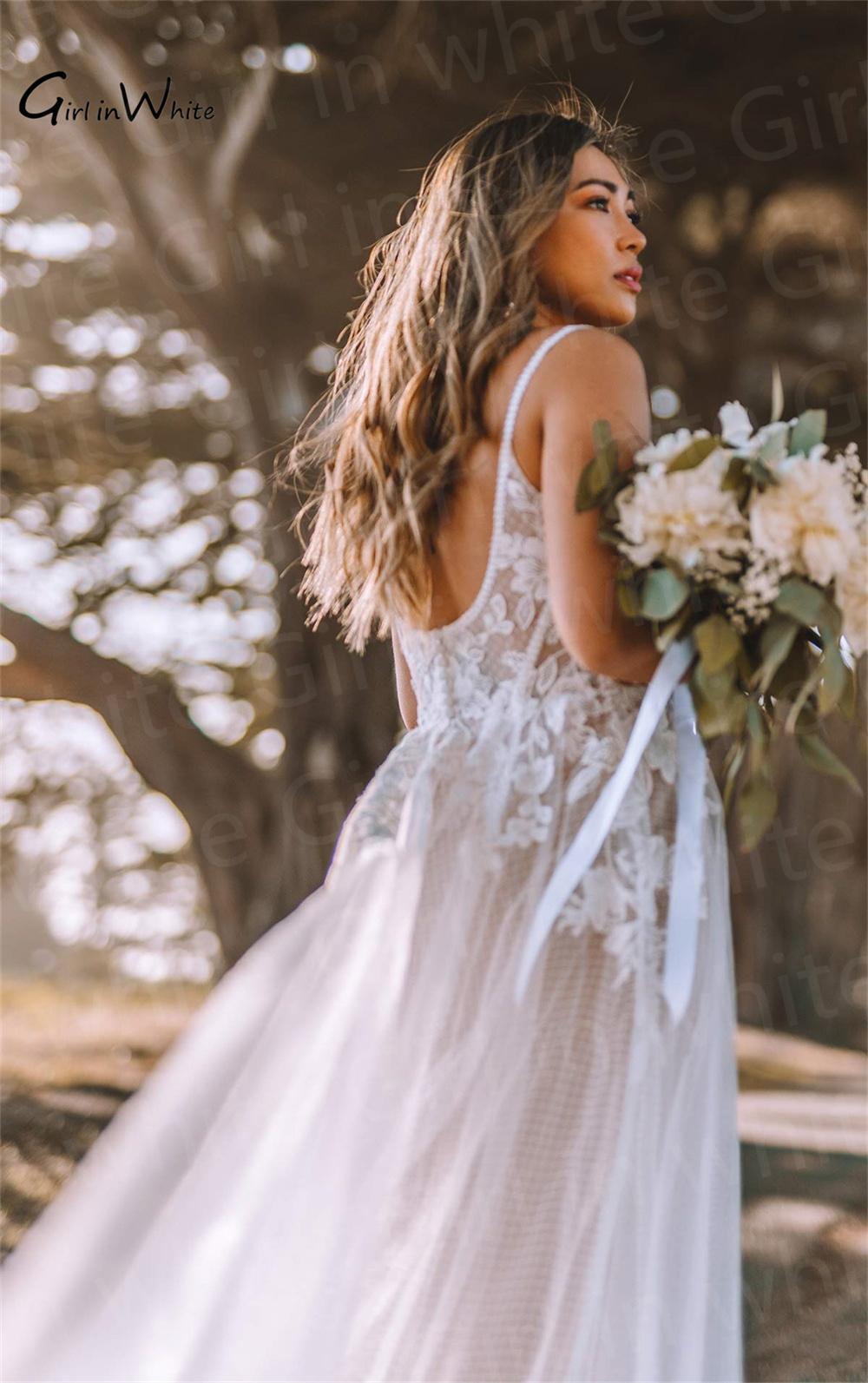 Boho Country Wedding Dresses Bridal Gown Spaghetti Straps A Line Tulle Lace Applique Sweep Train Custom Made Plus Size Vestidos De Novia 401