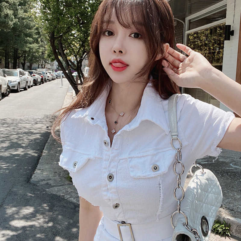Korea Summer elastic White Slim Buttons Belt Sexy Mini T Shirt Party Dress Elegant Women Denim Dresses Vintage 7MOZ 210603
