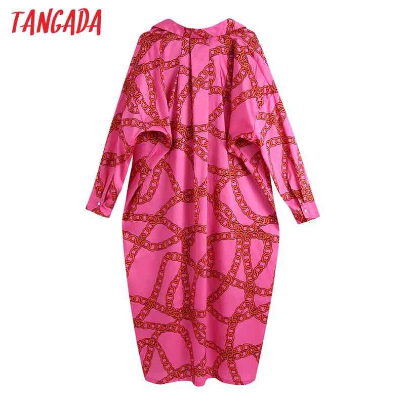 Women Chic Fashion Chain Print Midi Dress Loose Vintage Long Sleeve Button-up Female Dresses BE467 210416