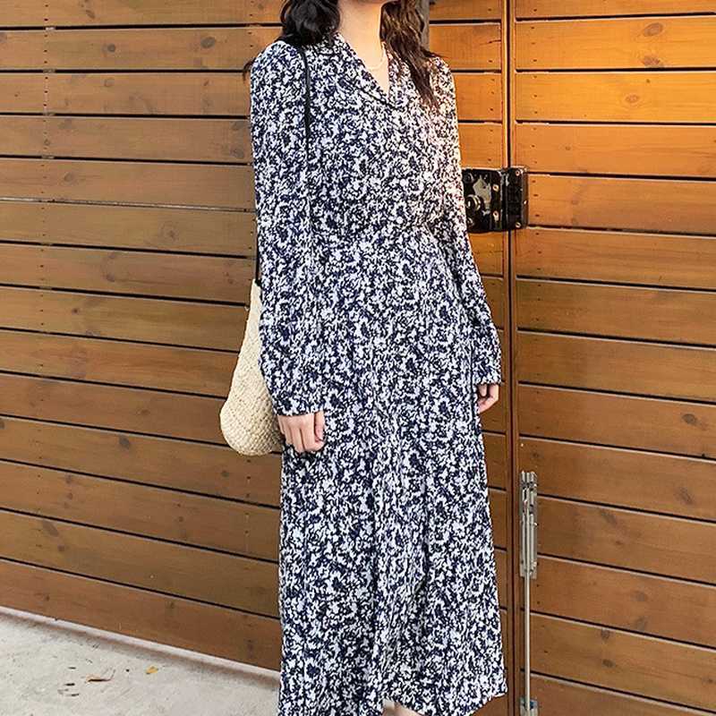 Elegant Office Lady Chiffon Print Dresses for Women High Waist Long Sleeve Dress Fashion Temperament Vestido Feminino 210525