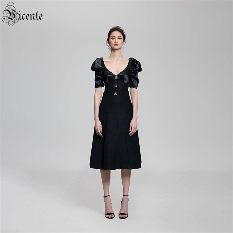 Ladies Dress Celebrity Party Bubble Short Sleeve V-neck Button Design Black Mid-length 210520
Ladies Dress Celebrity Party Bubble Short Sleeve V-neck Button Design Black Mid-length 210520