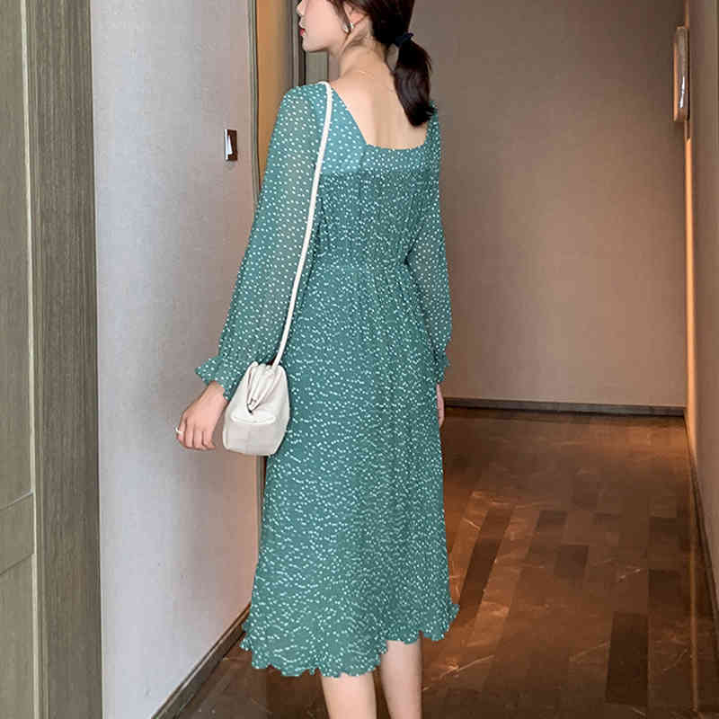 Autumn French Polka Dot Chiffon Dress Square Collar Elastic Waist High Pleated Women Vestido Feminine 11184 210427