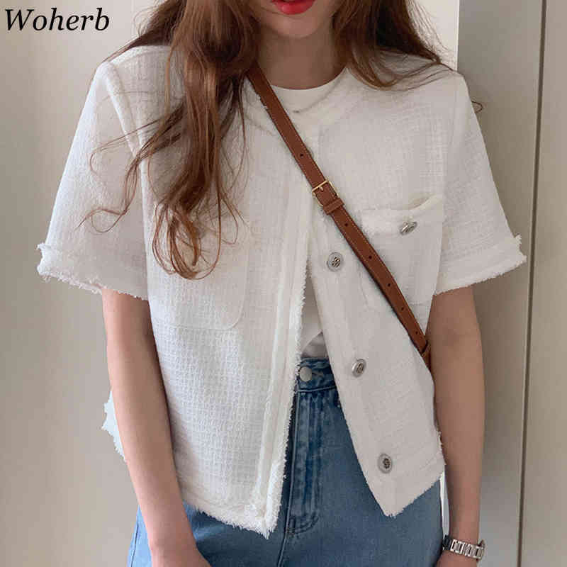 Tweed Korean Vintage Women Coat Summer Short Sleeve O-neck Single Breasted Pockets Ladies Fashion Jacket Tops Femme 210519