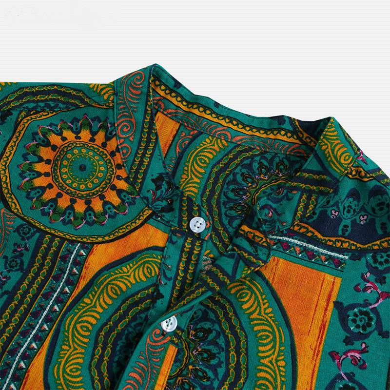 New Cotton Men's Shirt Ethnic Print Vintage Short Sleeve Streetwear Tops Tess Loose Male Beachwear Holiday Hawaiian Shirts 210410