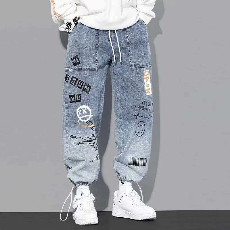 Yoa autumn new letter printing jeans men's fashion brand loose cartoon graffiti leggings and drawstring pants X0621