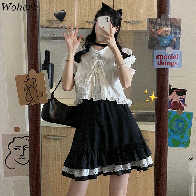 White Shirt Women Preppy Style Blusas Peter Pan Collar Puff Sleeve Lady Blouses Sweet Bow Drawstring Chic Tops Korean 210519