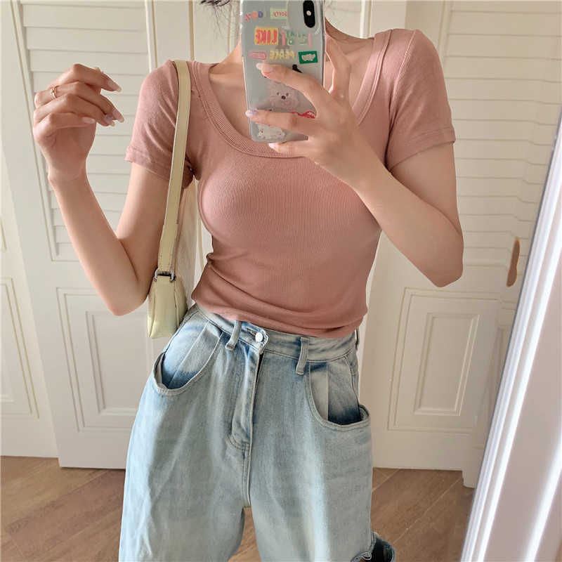 WOMENGAGA T-shirt Women's Summer pink Slim Casual Collarbone Chest Short Tight Tshirt Black Sleeve Top AHQN 210603