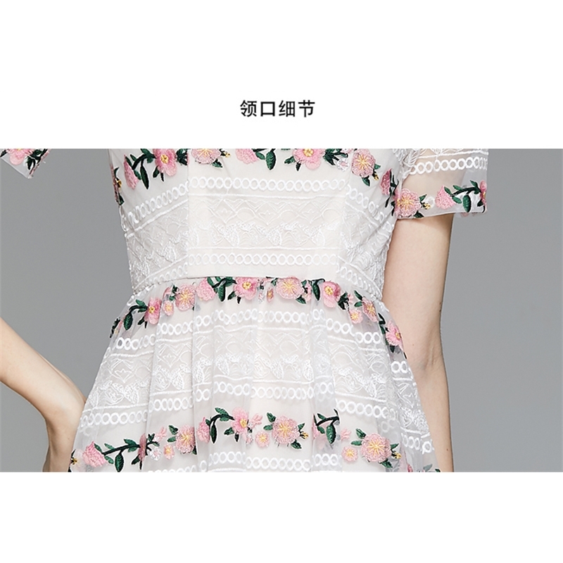 Runway Summer Women Elegant Sweet Lace Flowers Embroidery Party Dress Vintage Ladies O-Neck Short Sleeve Casual Slim White 210519