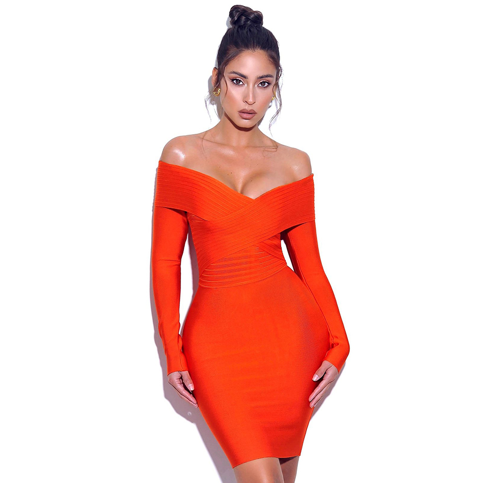 Winter Women Off Shouler Red Bodycon Bandage Dress Sexy Long Sleeve Mini Sheath Club Celebrity Runway Party 210423