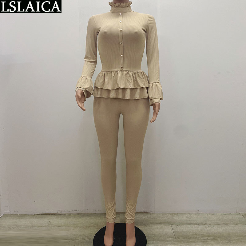 2 Piece Set Women Lounge Wear Casual Ruffles Long Sleeve Turtleneck Tops Pencil Pants Sets Autumn Slim Solid Fashion Outfits 210515