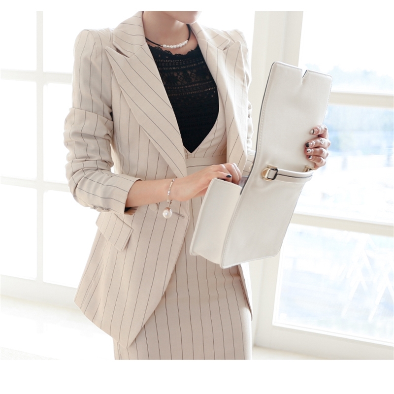 OL Work Striped Office Lady Dress Suits 2 Two Piece Sets Elegant Women Blazer Jacket + Fashion Sheath Dresses Femme 210519