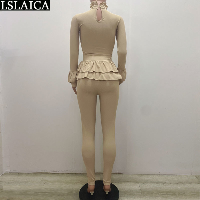 2 Piece Set Women Lounge Wear Casual Ruffles Long Sleeve Turtleneck Tops Pencil Pants Sets Autumn Slim Solid Fashion Outfits 210520