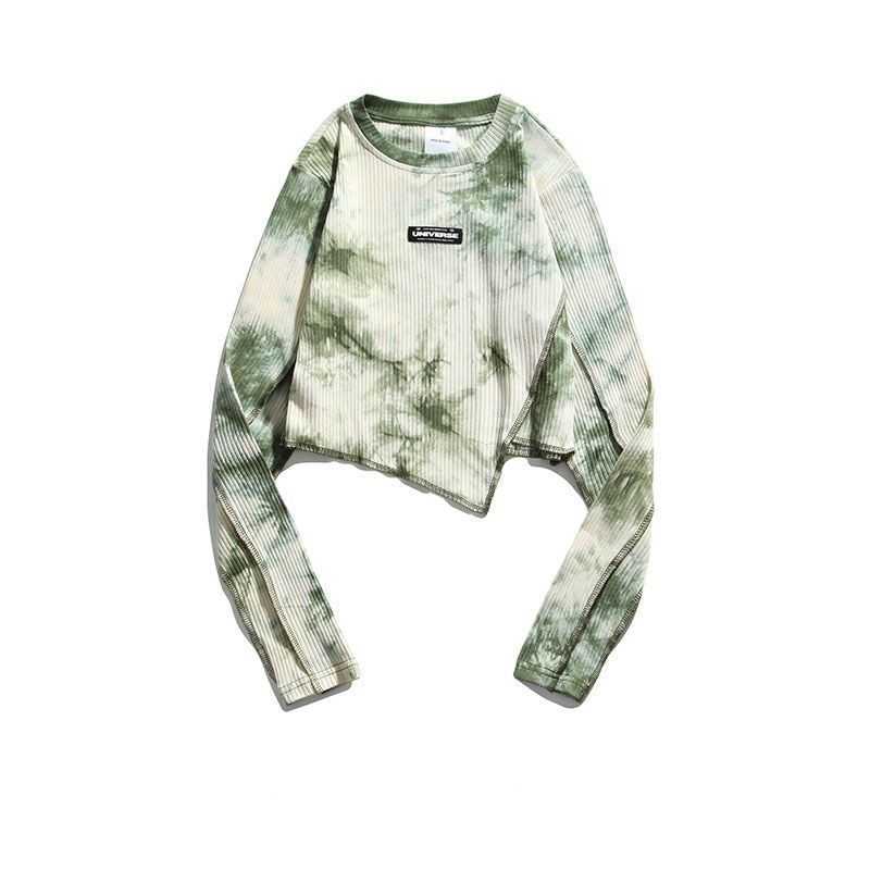 Yedinas Spring Tie Dye Long Sleeve T-shirt Irregular Chic Slim Crop Top Women High Street Fashion T Shirt Korean Streetwear Tops 210527