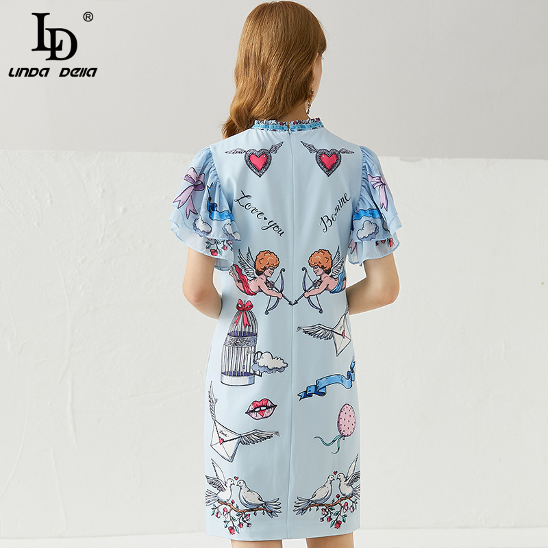 Summer Women Vintage Mini Dress Fashion Runway Ladies Bow tie Pockets Beading Print Slim Straight 210522