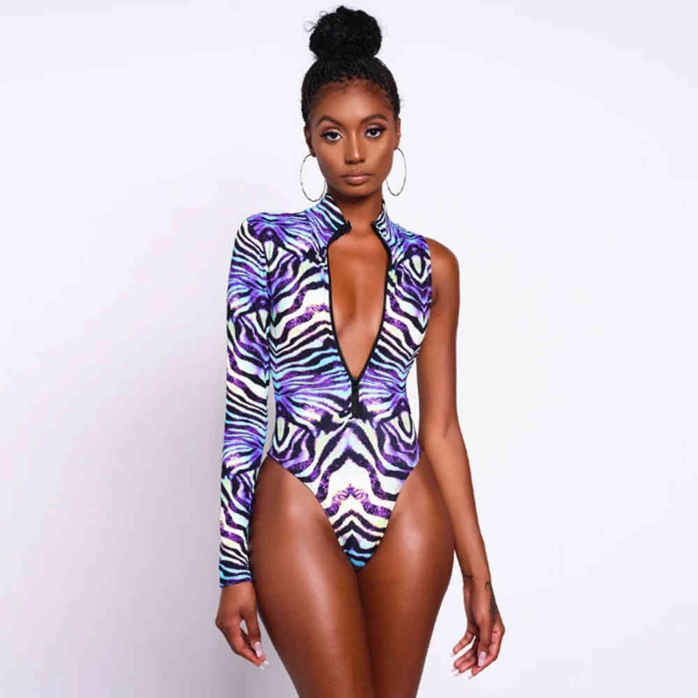 Women Swimsuit Long Sleeves Swimwear Bodysuit Monokini Print Bathing Suits Summer Beach Wear Swimming Suit XL 210520