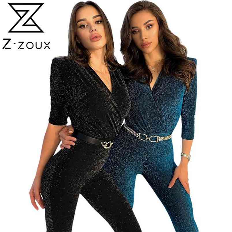 Women Jumpsuit V Neck Long Sleeve Shoulder Pad Wrap Chest Bright Silk Sexy Rompers Womens Spring 210513